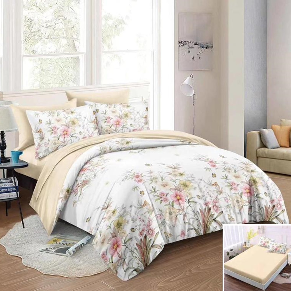 Lenjerie de pat, 2 persoane, bumbac satinat, 4 piese, cu elastic, crem și alb, cu floricele, LS434