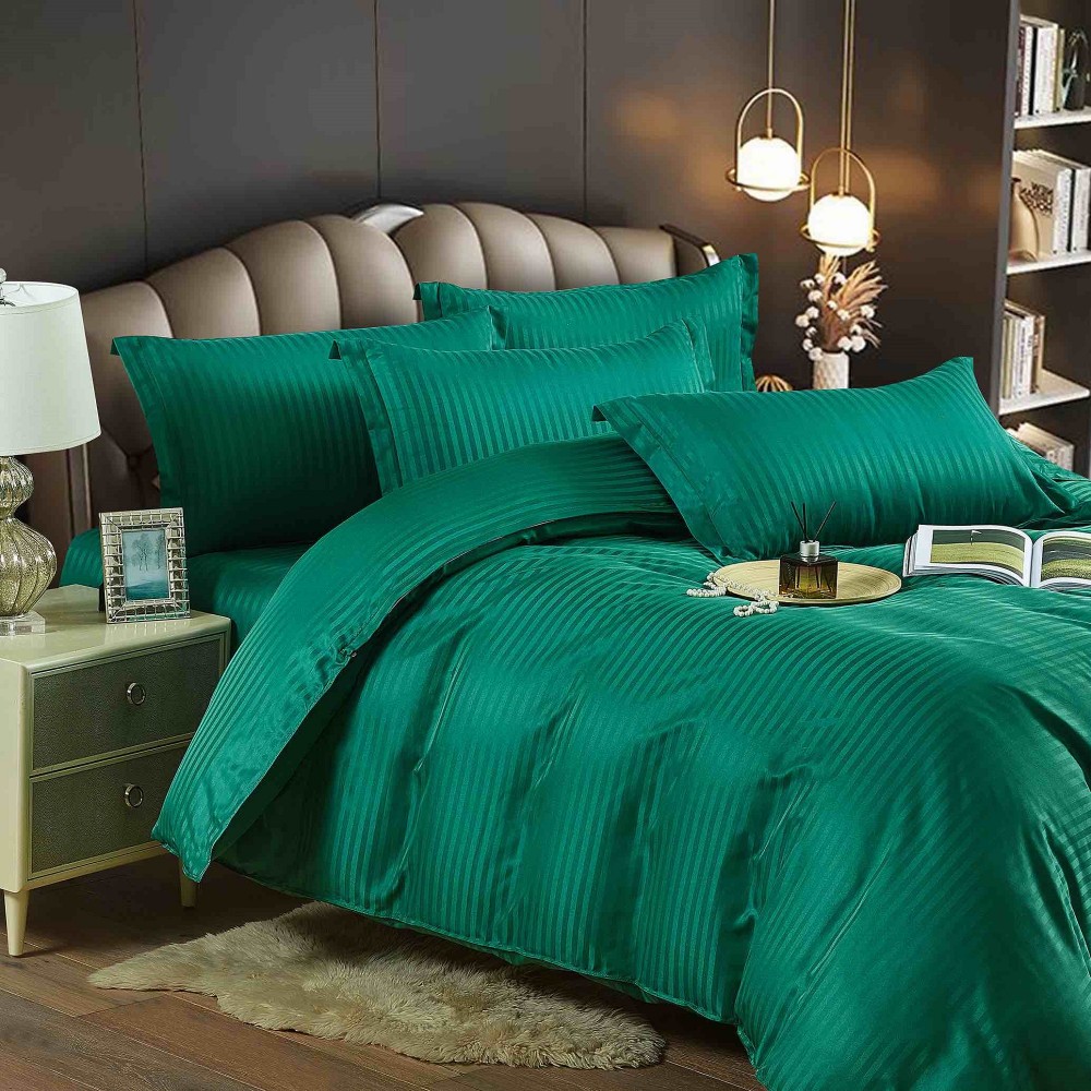 Lenjerie de pat, 2 persoane, damasc, 6 piese, cu elastic, UniDeluxe, verde , LDA261