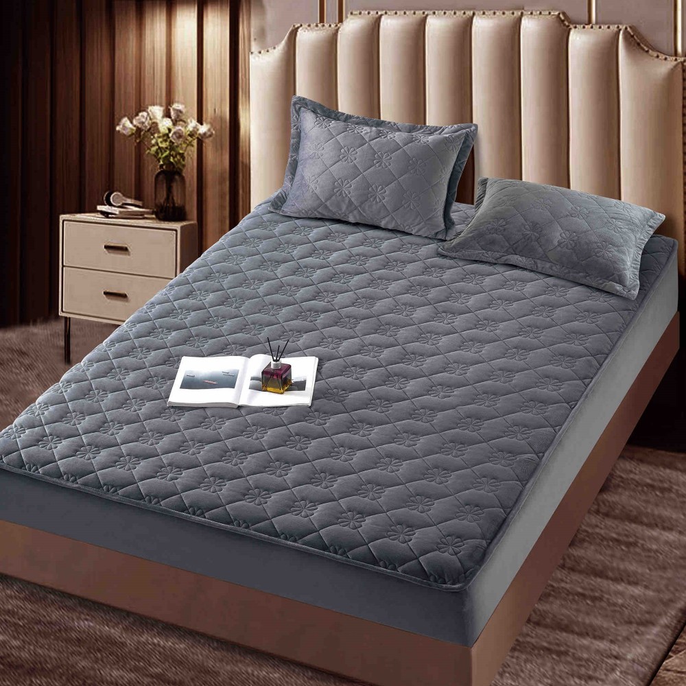 Husă de pat, Topper, 2 persoane, catifea, 140x200cm, 3 piese, cu elastic, gri închis, HPT406