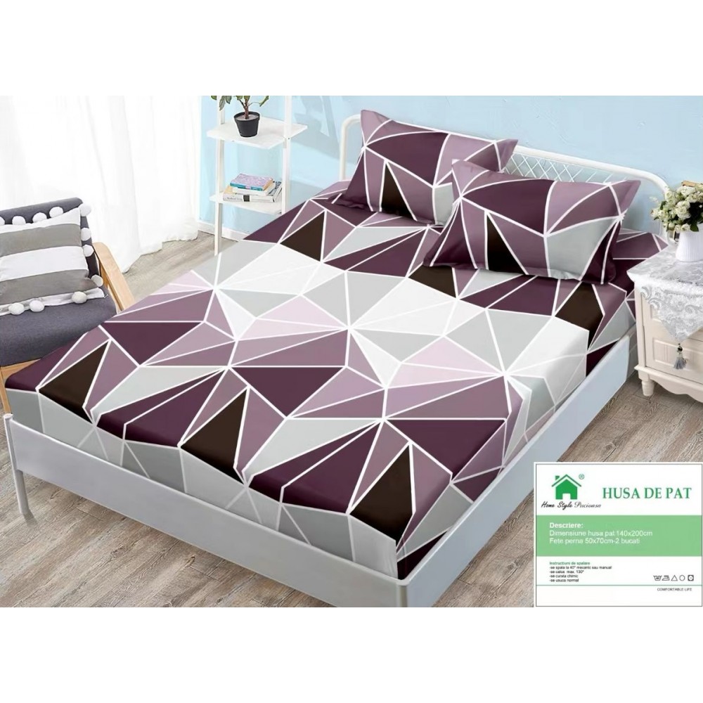 Husă de pat, finet, 140x200cm, 2 persoane, set 3 piese, cu elastic, mov și gri, cu forme geometrice, HPF14026