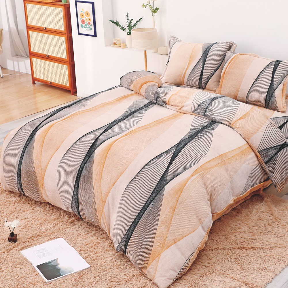 Lenjerie de pat, Cocolino, 2 persoane, 4 piese, cu elastic, crem , cu linii ondulate, CC497