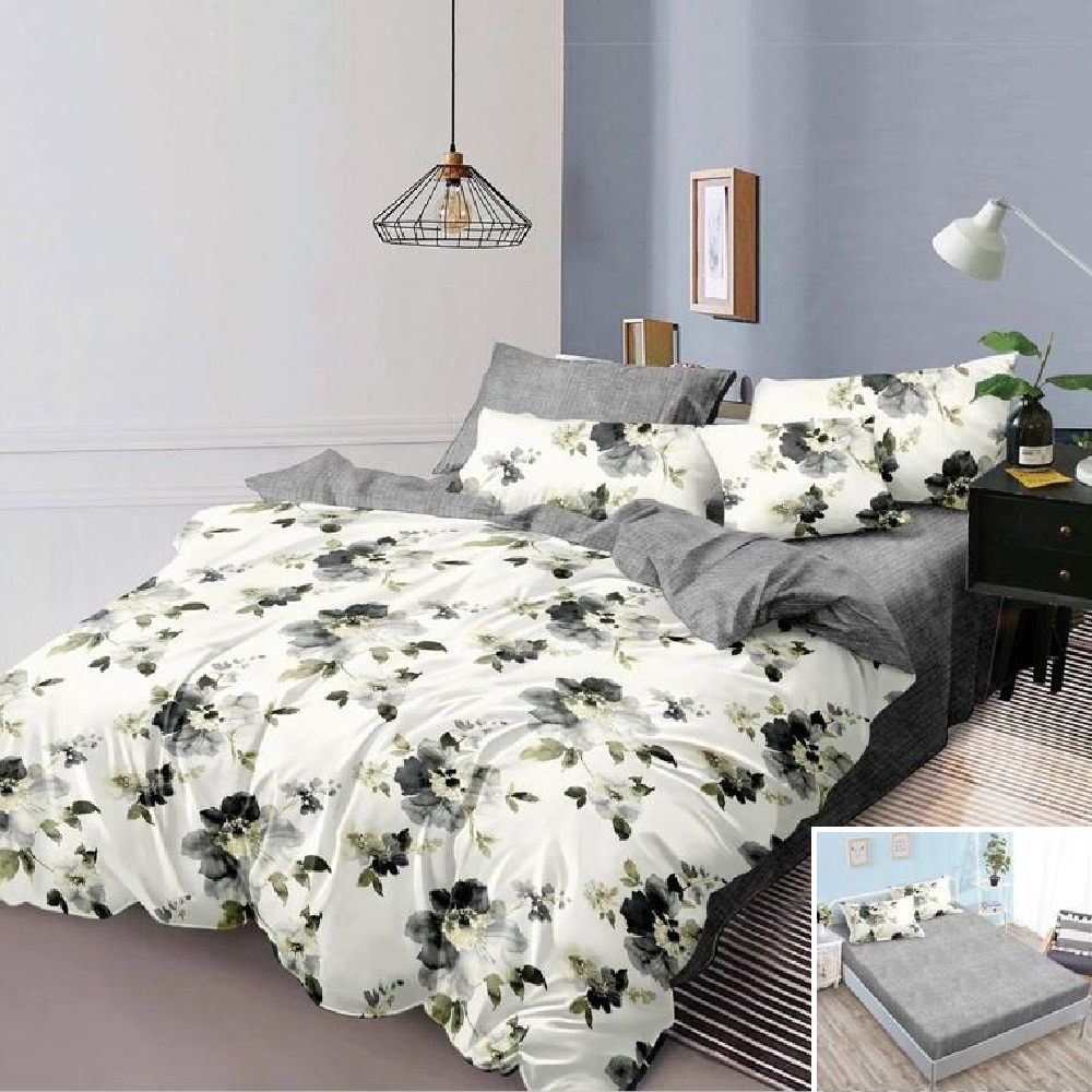 Lenjerie de pat, 1 persoană, finet, 160x200cm, cu elastic, 4 piese, crem si gri, cu floricele, LP604