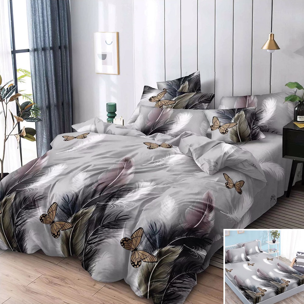 Lenjerie de pat, 2 persoane, 4 piese cu elastic, finet, gri , cu pene și fluturi, 180x200cm, LF4003
