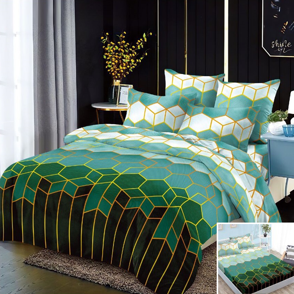 Lenjerie de pat, 2 persoane, 4 piese, cu elastic, finet, verde , cu forme geometrice, 180x200cm, LF4014