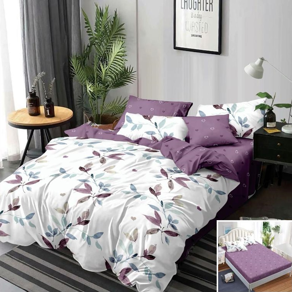 Lenjerie de pat, 2 persoane, finet, 6 piese, cu elastic, alb și violet, cu frunze, LEL227