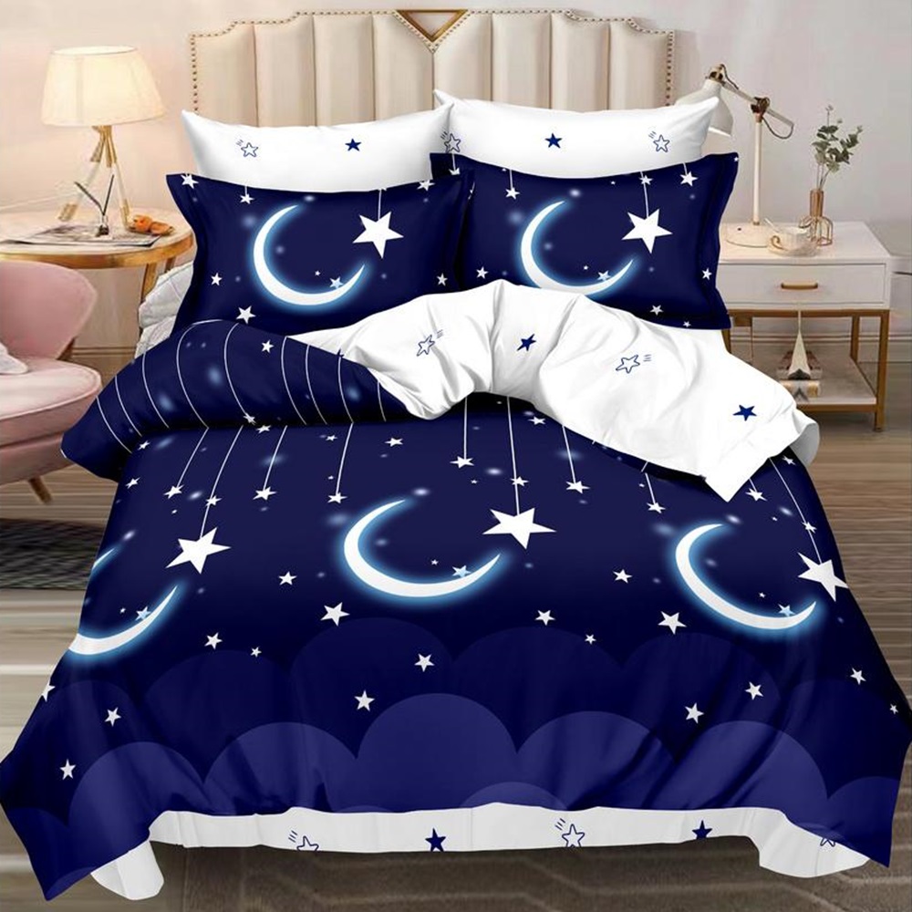 Lenjerie de pat, 2 persoane, finet, 6 piese, cu elastic, albastru și alb, cu semilună și steluțe albe, LEL239