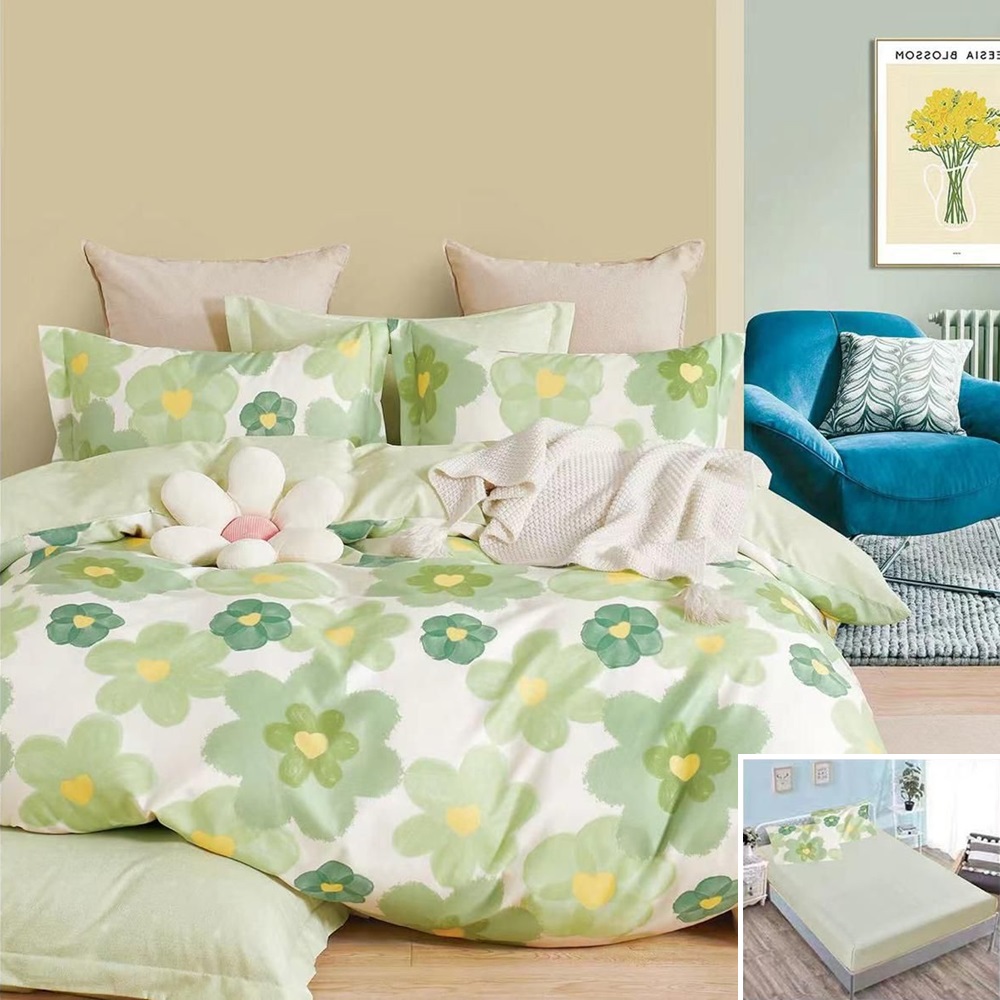 Lenjerie de pat, 2 persoane, finet, 6 piese, cu elastic, alb și verde, cu flori verzi, LEL266