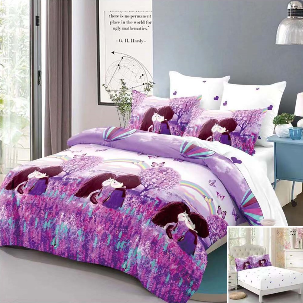 Lenjerie de pat, 2 persoane, finet, 6 piese, cu elastic, mov , cu flori și copilași, LEL283